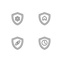 Monochrome elements perfect for adverts, stores, design etc. Editable stroke. Vector line icon set with symbols of gear, house, knuckles, clock inside of shield