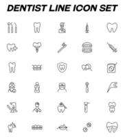 Profession and occupation concept. Modern outline signs drawn in flat style. Dentist line icon set with symbols of teeth, braces, stomatologist, syringe, dental tools, floss etc vector