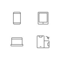 Monochrome elements perfect for adverts, stores, design etc. Editable stroke. Vector line icon set with symbols of smartphone, tablet, laptop, auto turn