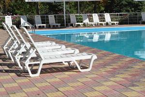 Poolside. Sunbeds near swimming pool surrounded by pine trees photo