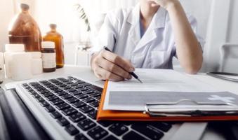 Double exposure of technology healthcare And Medicine concept. Doctors using digital tablet and modern virtual screen interface icons panoramic banner, blurred background. photo