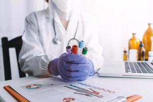 Double exposure of technology healthcare And Medicine concept. Doctors using digital tablet and modern virtual screen interface icons panoramic banner, blurred background. photo