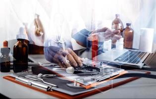 Medicine doctor and stethoscope touching icon medical network connection with modern interface on digital tablet in hospital background. Medical technology network concept photo