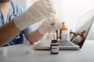 Double exposure of technology healthcare And Medicine concept. Doctors using digital tablet and modern virtual screen interface icons panoramic banner, blurred background. photo