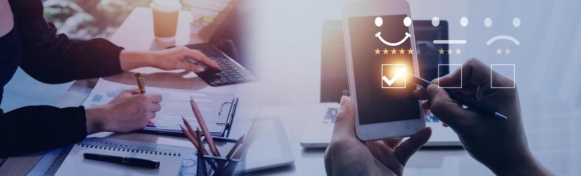 satisfaction survey and customer service Concept.business person using computer notebook To answer questionnaire And give satisfaction scores.Give very satisfied rating with smiley face icon 5 stars. photo