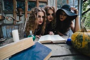 Three vintage witches perform magic ritual photo