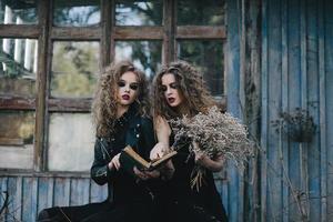 Two vintage witches gathered eve of Halloween photo