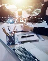 Cybersecurity and privacy concepts to protect data. Lock icon and internet network security technology. Businessman protecting personal data on smart phone with virtual screen interfaces. photo