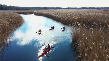 Group of people in kayaks among reeds on the autumn river. photo