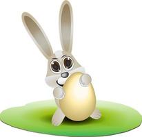 egg and bunny, rabbit sit on grass holding big egg vector