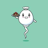 Cute Cartoon chef sperm serving cake on tray vector