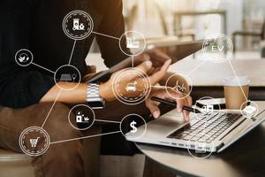 Business working with reduce CO2 concept with icons, global warming such as reforest green factory recycle and zero carbon dioxide emission concept. with VR icon at office photo