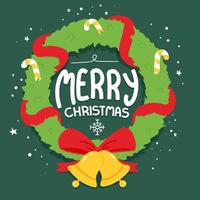 corona navideña decorada con campanas, bastones de caramelo y cintas. garabatear letras. tarjeta de dibujos animados sobre fondo verde. la ilustración vectorial está hecha en estilo retro. vector