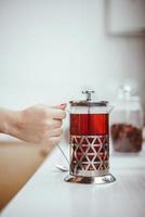 fresh berry tea in French press on the table photo