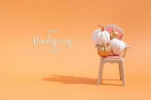 Thanksgiving message with collection of autumn pumpkins on toy chair. photo