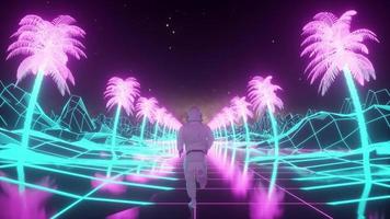 Astronaut runs surrounded by flashing neon lights. Music and nightclub concept. Retro 80s style synthwave background. 3d illustration photo