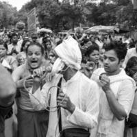 New Delhi, India July 01 2022 - A huge gathering of devotees from different parts of Delhi on the occasion of ratha yatra or rathyatra. Rath for Lord Jagannath pulled by people, Jagannath Rath Yatra photo