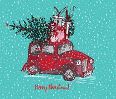 Festive Christmas card. Red taxi cab with fir tree decorated red balls and gifts on roof. White snowy seamless background and text Merry Christmas vector