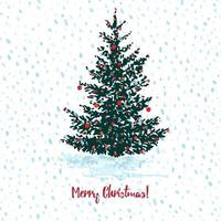 Festive Christmas card. Fir tree with red balls on white snowy seamless background and text Merry Christmas vector