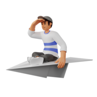 Young man in hat sitting on a giant paper plane 3d character illustration png