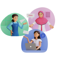 Three young women communicating via message 3d character illustration png