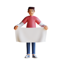 young man holding blank white banner, 3d character illustration png