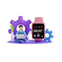 young woman using laptop with watch 3D character illustration png