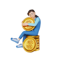 young woman holding a gold coin while sitting on the pile of gold coins 3D character illustration png