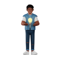 Young man with curly hair and a light bulb 3d character illustration png