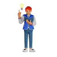 jeune homme aux cheveux roux lisant un livre et proposant une idée illustration de personnage 3d png