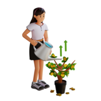 giovane donna irrigazione i soldi pianta 3d cartone animato personaggio illustrazione png