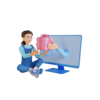 young girl shopping online and holding a gift 3D character illustration png