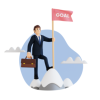 businessman on the top of the mountain holding flag completed the goal achievement 3d character illustration png