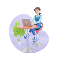 jeune fille utilisant un ordinateur portable assis sur la chaise illustration de personnage 3d png