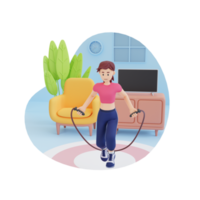 jeune femme faisant de l'exercice avec une corde à sauter à l'intérieur illustration de personnage 3d png