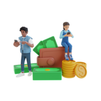 teenager sitting on a pile of money and using cell phone 3d character illustration png