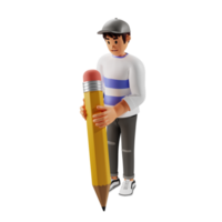 joven con sombrero sosteniendo un lápiz gigante ilustración de personaje 3d png