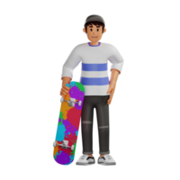 jong Mens in hoed Holding een skateboard 3d karakter illustratie png