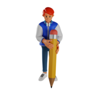 Young man red haired holding a giant pencil 3d character illustration png