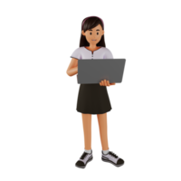 mujer joven con laptop ilustración de personaje de dibujos animados 3d png