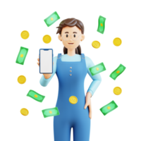 young girl standing while showing phone screen and lots of money flying around 3d character illustration png