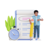 young man standing in front of big notebook while holding big pencil 3d character illustration png