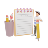 man standing looking at big notebook in front of him 3d character illustration png