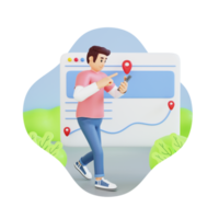 young man walking while using phone with navigation app 3d character illustration png
