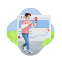 young man walking while using phone with navigation app 3d character illustration png