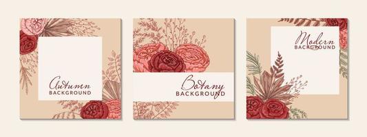 Set of autumn square backgrounds with modern floral elements. Social media post template. Hand drawn botanical vector illustration. Space for text