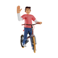 joven montando una bicicleta agitando su mano ilustración de personaje 3d png