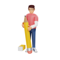 Young man holding a giant pencil 3d character illustration png