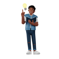 Curly haired young man carrying a book and coming up with an idea 3d character illustration png
