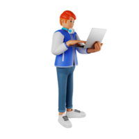 Young man red haired holding a laptop while standing 3d character illustration png